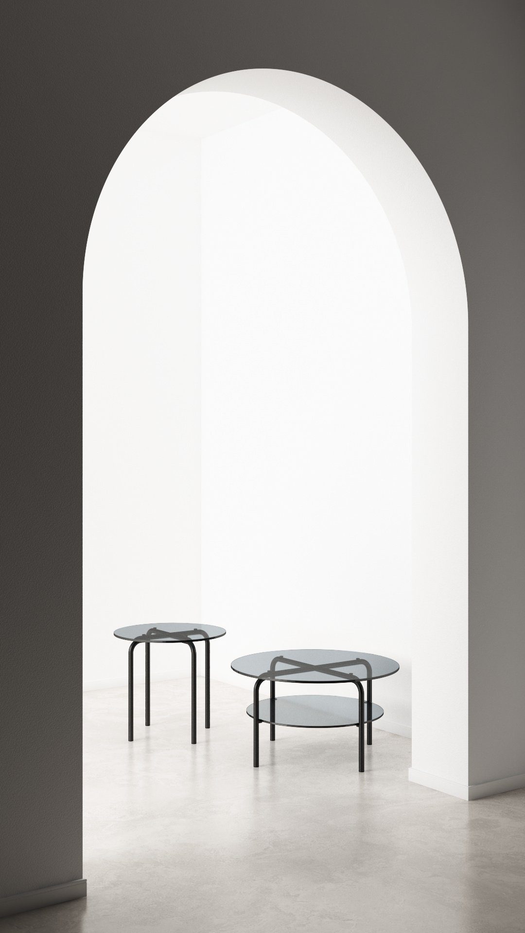 Hochkant Rendering eines Torbogens, innen sieht man 2 Thonet MR 515.