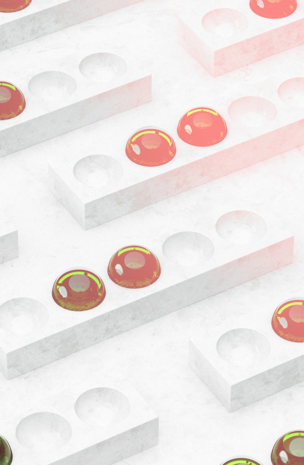 Nahaufname von diversen kugelförmigen DNA Ampullen vor Marmor