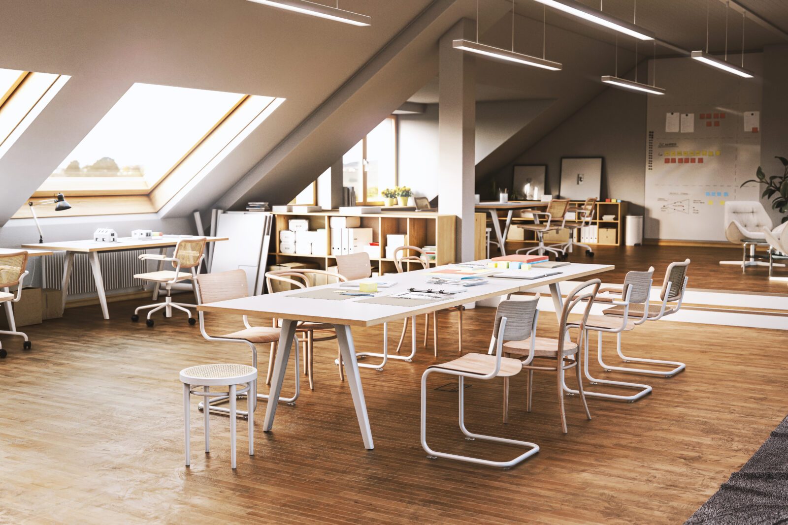 Kreative Arbeitsatmosphäre mit einer Auswahl an Thonet Möbeln. Besprechungstisch mit Arbeitsmaterial in der Mitte des Raumes, Arbeitstische an der Seite.