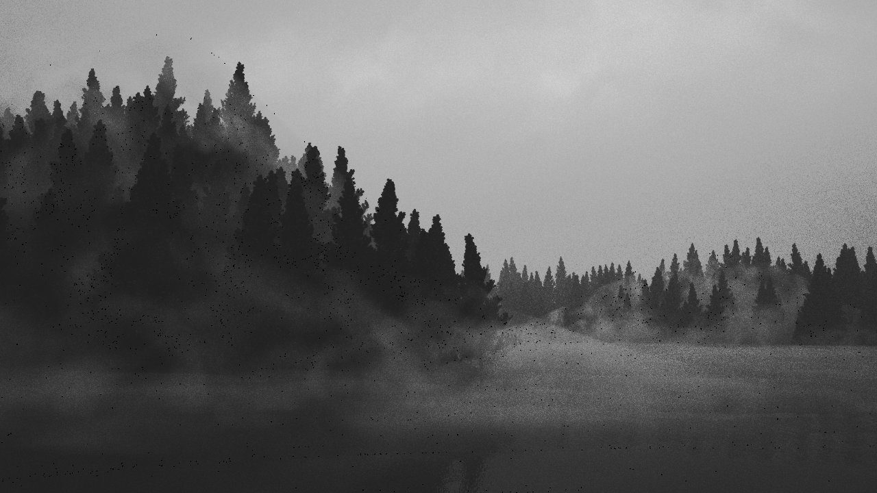 Atmosphärische Darstellung eines Sees mit starkem Nebel und Tannen