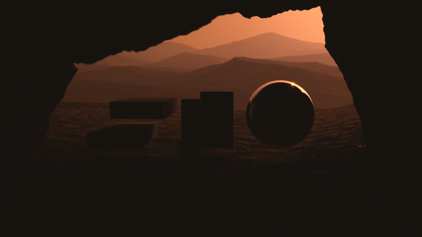 Sonnenuntergang auf dem Mars mit Blick aus einer Höhle heraus.