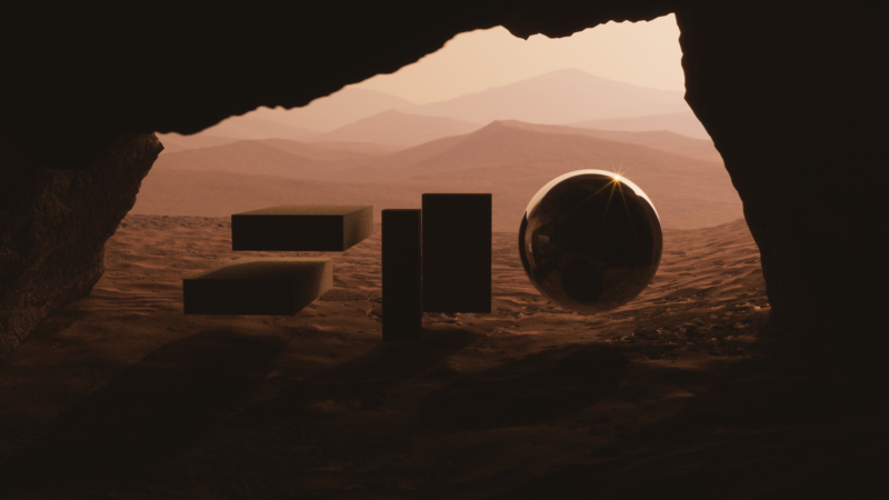 Sonnenuntergang auf dem Mars mit Blick aus einer Höhle heraus.