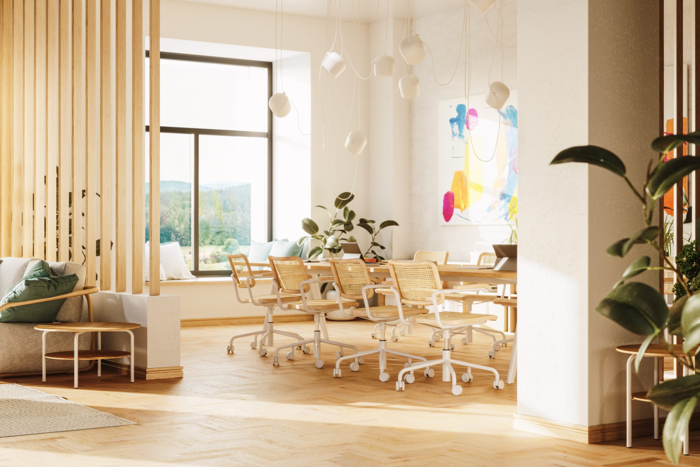 Helles Ambiente mit einer Besprechungssituation. Thonet 1500 sowie 64 im Bildmittelpunkt, darüber eine Leuchte und Gemälde an der Wand.