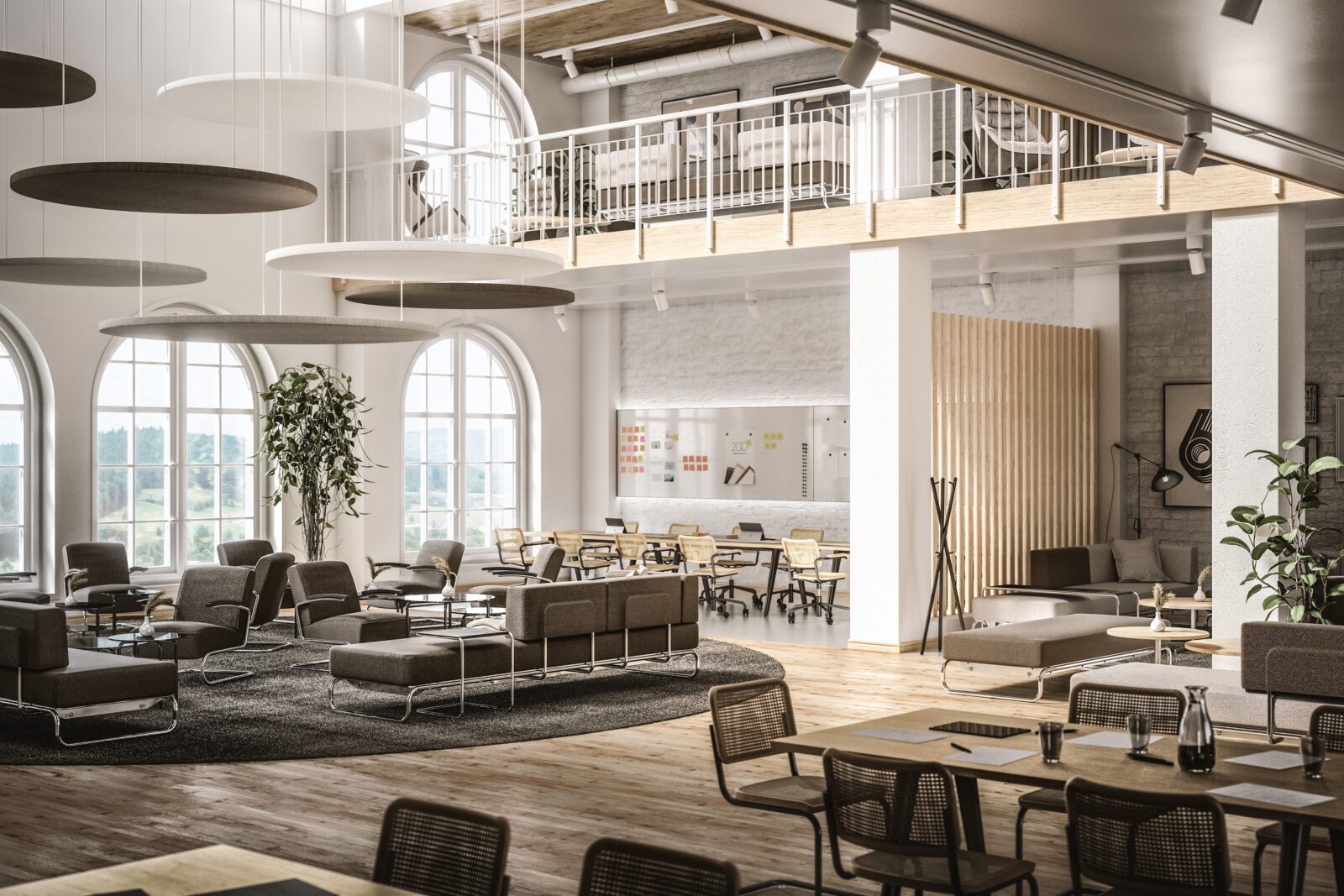 Rendering einer Mittelzone mit verschiedenen Nutzungen. Im Vordergrund befindet sich eine Besprechungssituation, auf dem Balkon sind Sofa und Sessel angeordnet. Der Blick nach draußen zeigt Berge.