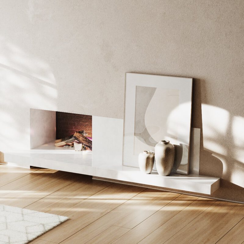 Querformat von 2 Vasen. Sie stehen auf einem Marmor Sideboard an der Seite eines Karmins.