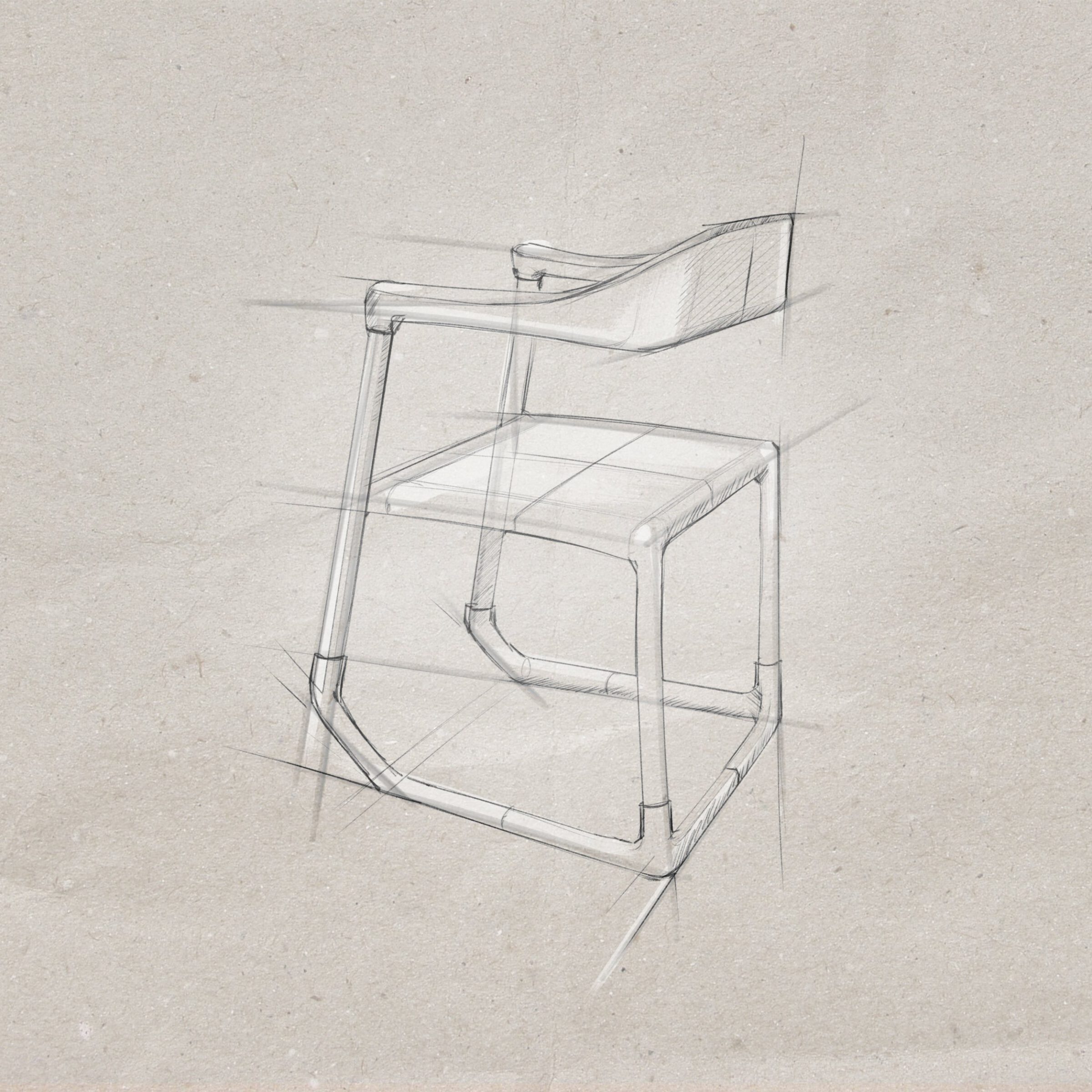 RiseUp_Skizze _Stuhl01 Vorentwurf des Riseup in Skizzenform. In dieser Variante fungiert ein mit den Armlehnen befestigter Bügel als Rückenlehne.