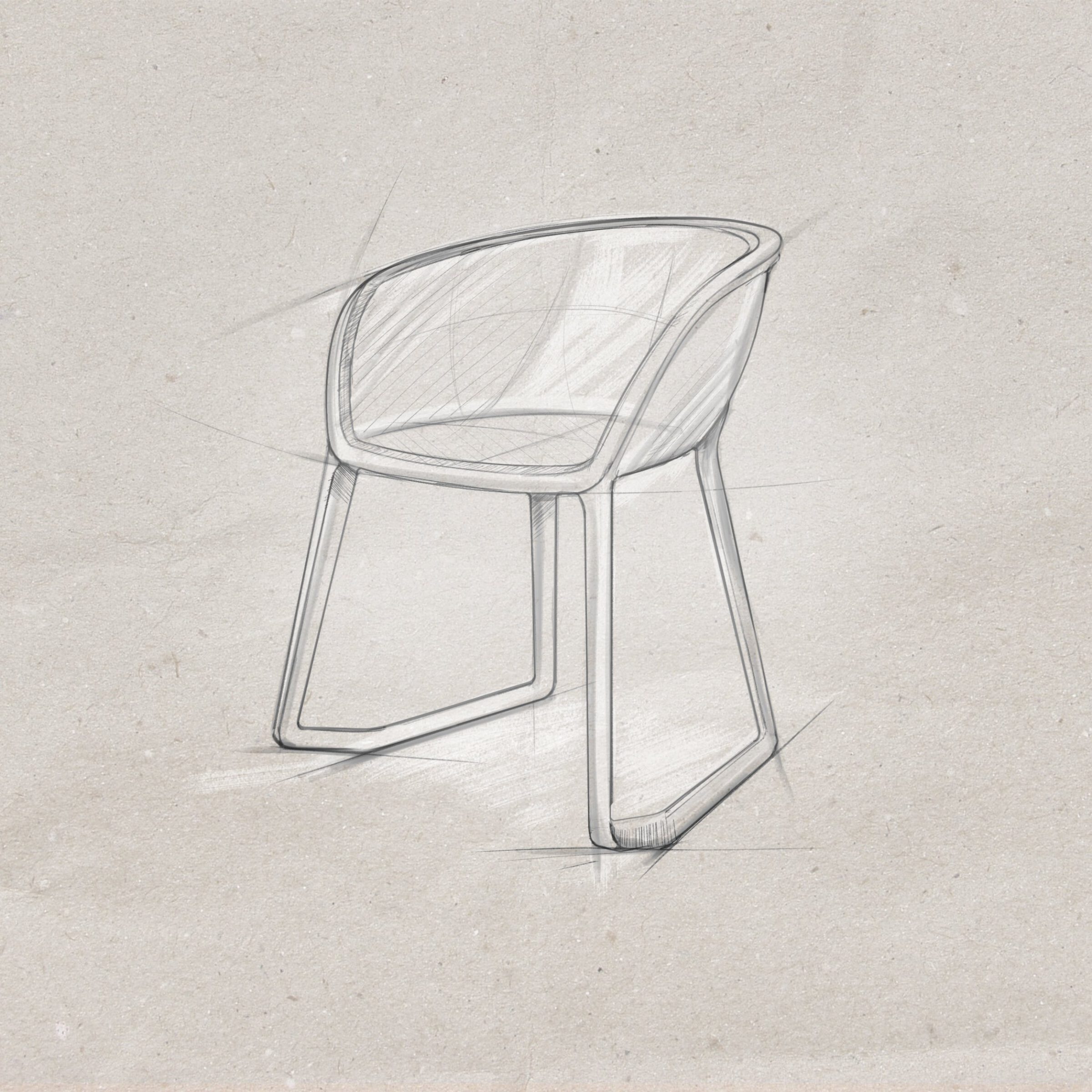 RiseUp_Skizze _Stuhl05 Vorentwurf des Riseup in Skizzenform. Diese Variante entspricht am ehesten der finalen Version. Die Sitzschale wird durch ein umlaufendes Band aus Holz gehalten.