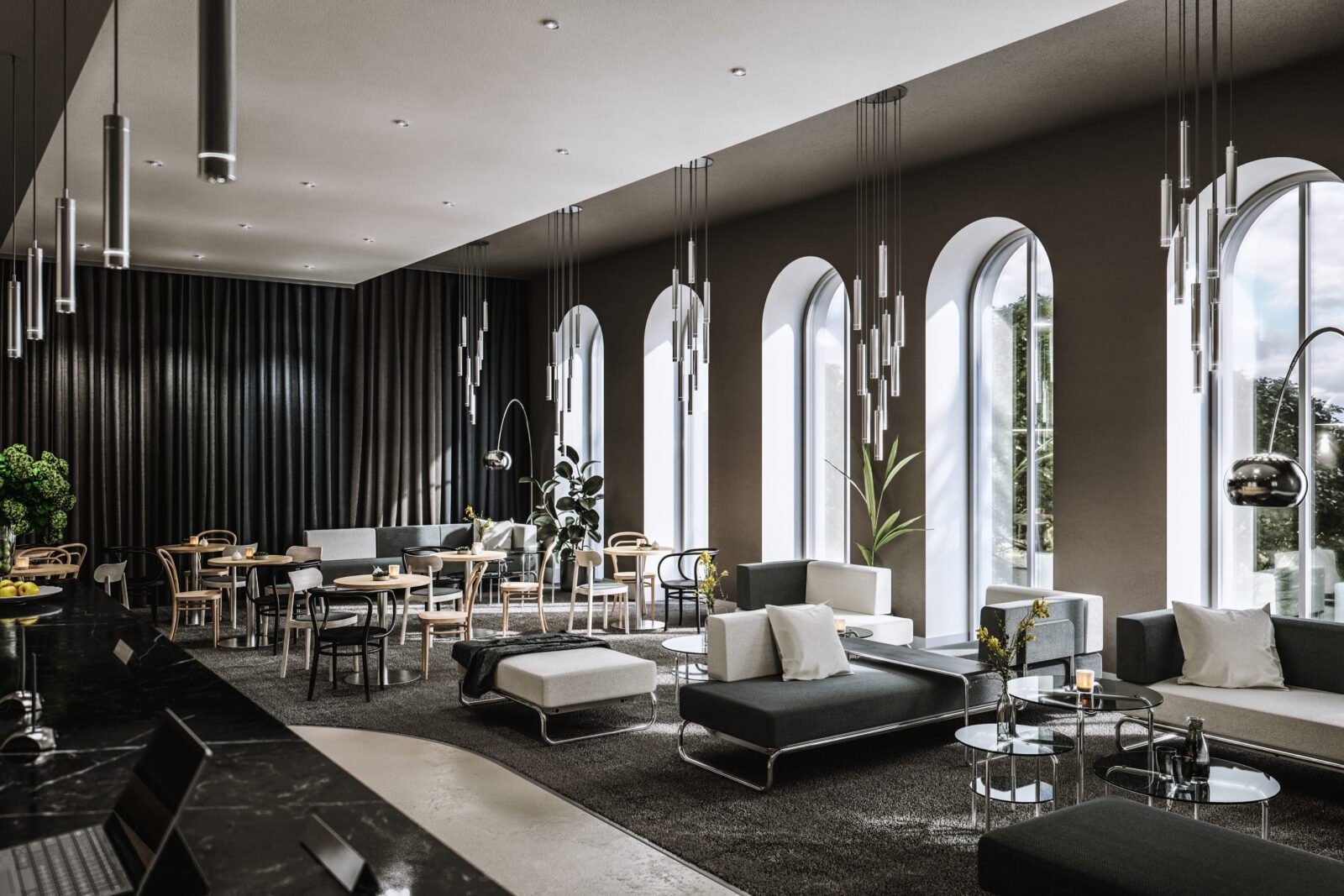 Rendering einer Loungeszene in dunklen Farben. Im Vordergrund ist ein Empfangstresen und an der Seite sind bodentiefe Rundbögenfenster. Thonet 5000 Sofas sowie verschiedene Anordnungen anderer Thonet Möbel bespielen den Raum.
