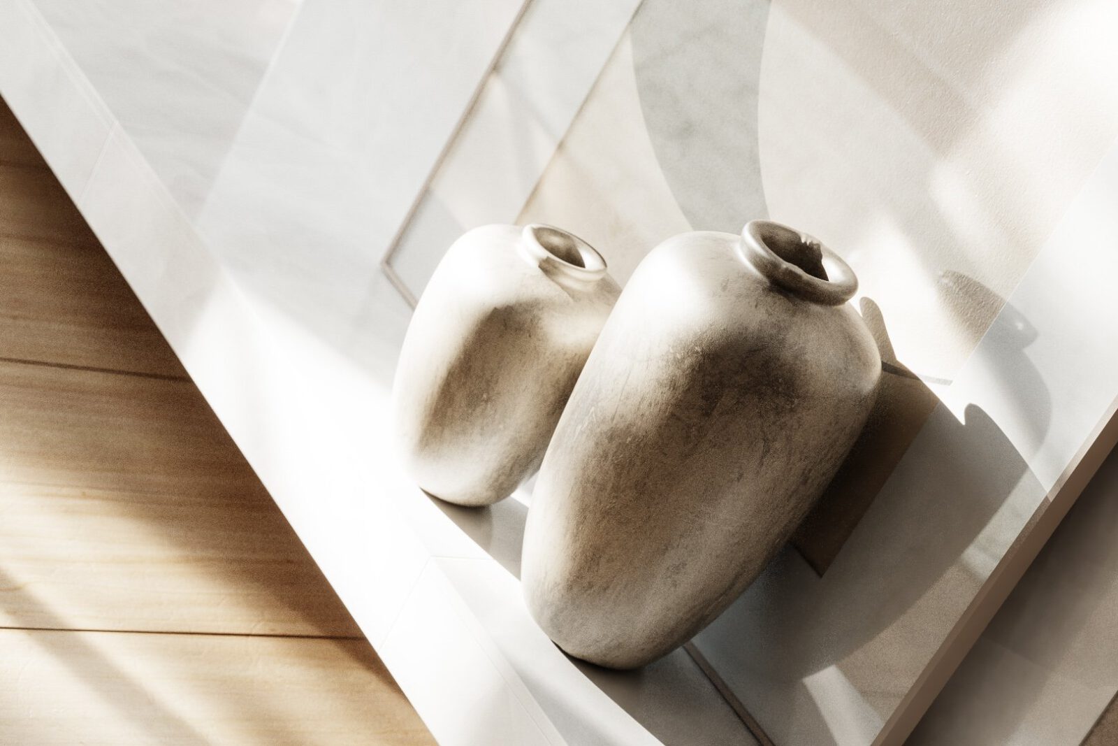 Querformat von 2 Vasen. Sie stehen auf einem Marmor Sideboard an der Seite eines Karmins.