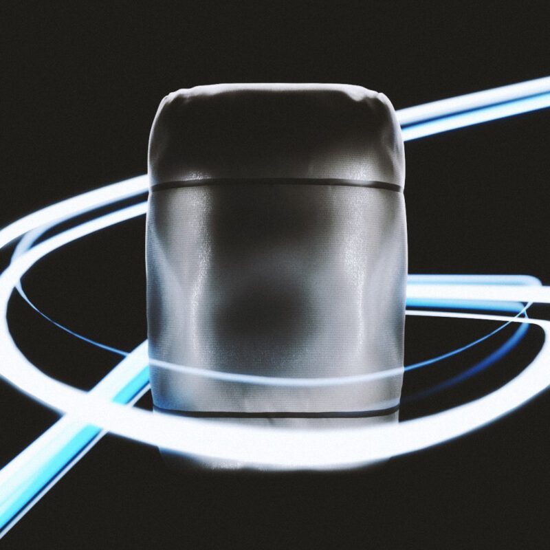 Rendering eines Rucksacks mit Leuchtstreifen im Hintergrund.