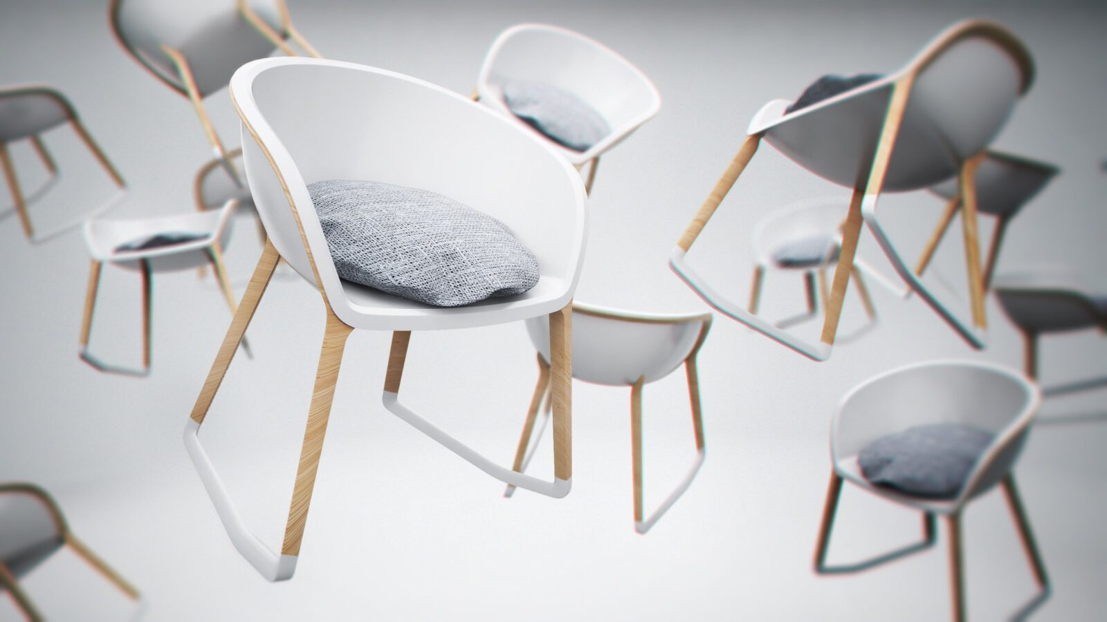 Mehrere RiseUp Stühle in einer Gruppenansicht.